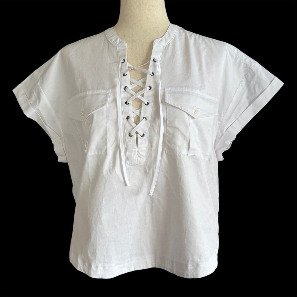 Express Boxy Poplin Cotton Lace Up Top S White Coastal Grandma Minimalist Resort